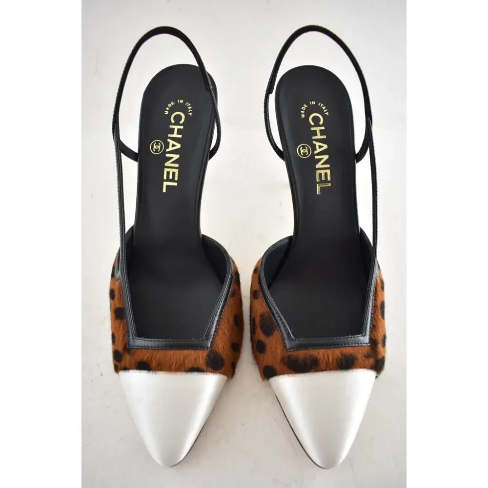 Chanel 26A Brown Leopard Black White Sling CC Gold Logo Slingback Heel Pump 36.5